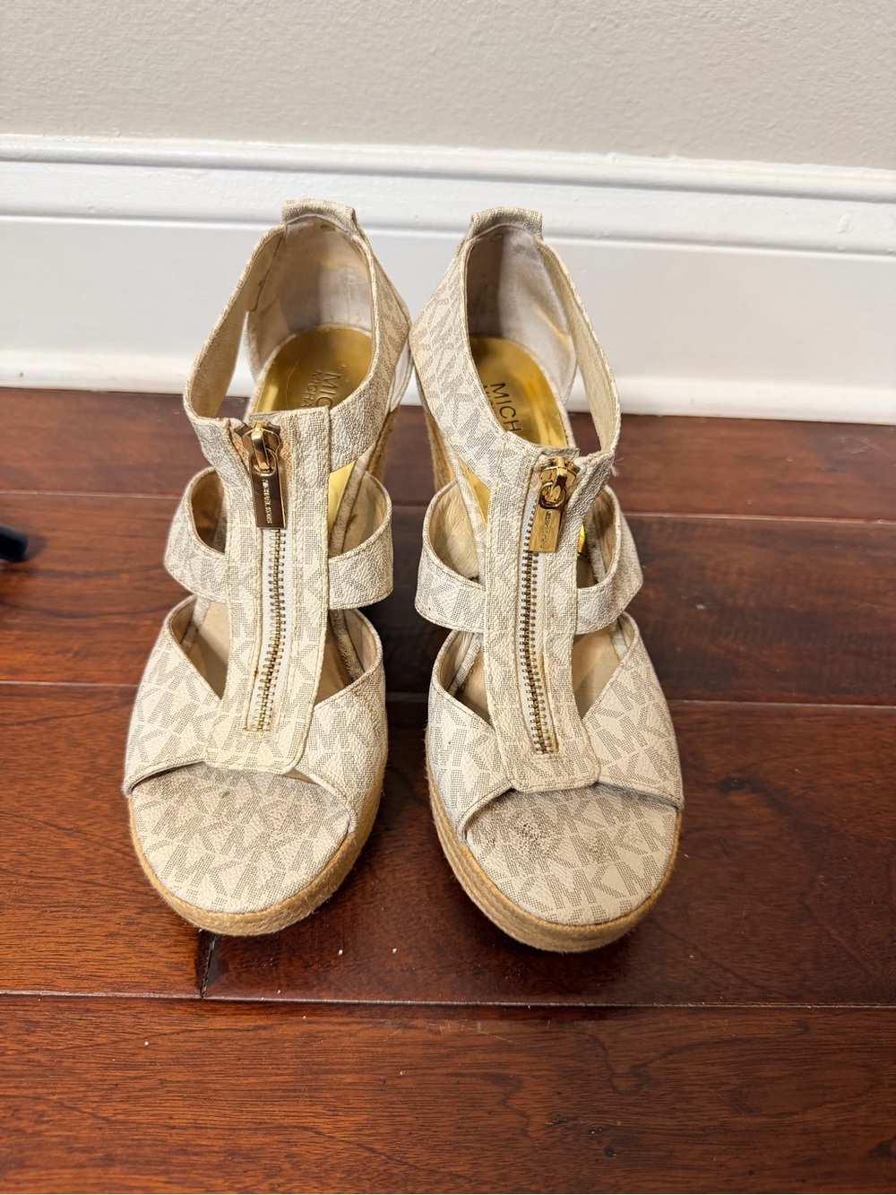 Michael Kors Beige MK Logo Espadrille Wedge Sandals with Front Zipper Size 7